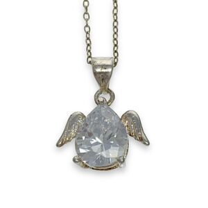 Sterling Silver 925 Angel Wing Pear Shaped Cubic Zirconia Pendant Necklace 18"